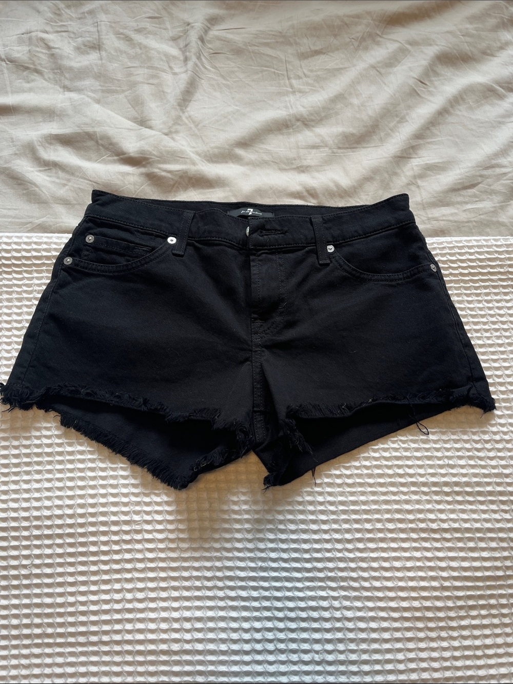 7 For All Mankind Black Frayed Hem Denim Shorts